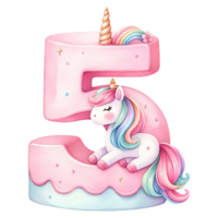 ai generato rosa e arcobaleno unicorno torta numero forma png