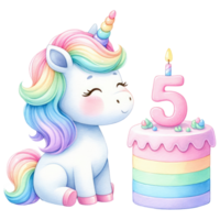 ai generiert Regenbogen Einhorn Kuchen mit nummeriert Kerze zum Geburtstag Party png