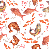 Seamless pattern. Fishing, fish and fishing gear. All elements are painted with watercolors. png