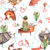 Seamless pattern. Fishing, fish and fishing gear. All elements are painted with watercolors. png