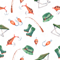 Seamless pattern. About fishing. All elements are painted with watercolors png