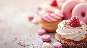 AI generated sweet bakery advertisment background with copy space photo