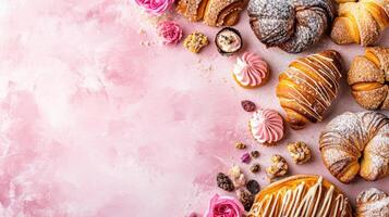 AI generated sweet bakery advertisment background with copy space photo