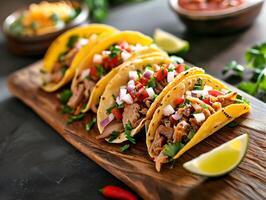 AI generated Several Tacos lying one by one isolated on a white background. Cinematic food photo of traditional Mexican street food. High-resolution. AI Generative