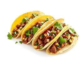 AI generated Several Tacos lying one by one isolated on a white background. Traditional Mexican street food. High-resolution. AI Generative photo