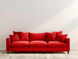 ai generado moderno grande rojo sofá para vivo habitación en un limpiar brillante blanco pared antecedentes y de madera piso. alta resolución. ai generativo foto