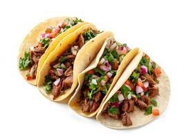 AI generated Several Tacos lying one by one isolated on a white background. Traditional Mexican street food. High-resolution. AI Generative photo