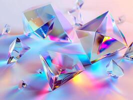 ai generado transparente brillante cristales con blanco y azul ligero y arco iris reflexión. alto calidad. ai generativo foto