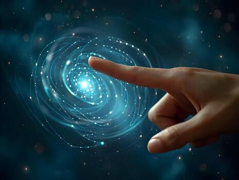 AI generated Modern technology screen computer. Index finger touching the ai display with abstract waves. Blue color palette. High quality. AI Generative photo