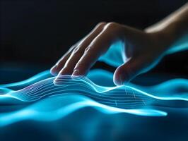 AI generated Modern technology screen computer. Hand touching the hologram display. Blue color palette. High quality. AI Generative photo