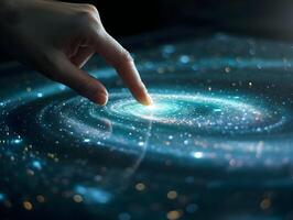AI generated Modern technology screen computer. Hand touching the hologram display. Blue color palette. High quality. AI Generative photo