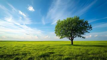 ai generado uno árbol en un amplio césped llanura con un azul ligero cielo. un hermosa paisaje brillante soleado día. alta resolución. ai generativo foto