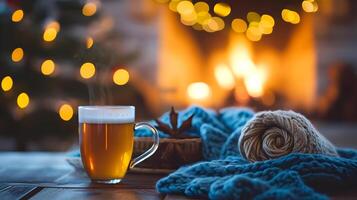 AI generated A winter cozy evening with tea in a transparent mug near by the fireplace. High-resolution. AI Generative photo