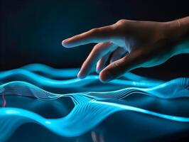 AI generated Modern technology screen computer. Hand touching the hologram display. Blue color palette. High quality. AI Generative photo