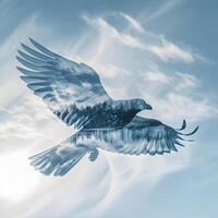 AI generated Flying bird silhouette double exposure blue sky photo. High-resolution. AI Generative photo