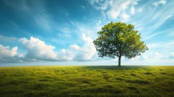 ai generado uno árbol en un amplio césped llanura con un azul ligero cielo. un hermosa paisaje brillante soleado día. alta resolución. ai generativo foto