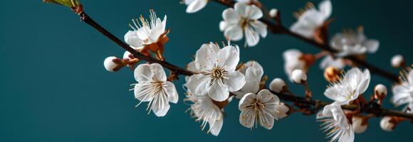 AI generated a branch of white flowers on a tree by a blue backdrop photo