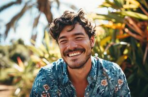 AI generated happy male smiling in a blue shirt outdoors while having a party photo