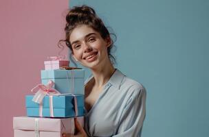 AI generated happy woman holding several boxes of gift photo