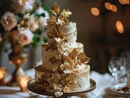 AI generated the gold leafy wedding cake is shown on a table photo