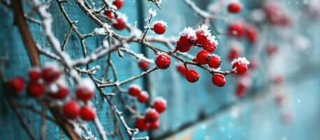 AI generated red holly berries against a wooden backdrop with snow photo