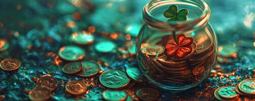 AI generated the red shamrock and gold coins in a jar with a shamrock in the middle photo