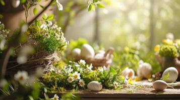 AI generated Easter-themed elements. The lush greenery, blossoming flowers, and scattered eggs photo