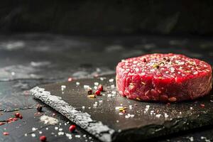 ai generado hamburguesa empanada hecho desde crudo suelo carne de vaca en un negro antecedentes. ai generado. foto