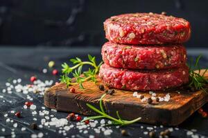 AI generated Burger patties made from raw ground beef on a black background. AI generated. photo