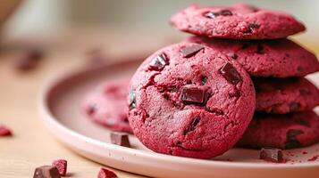 AI generated Vegetarian cookies with beet juice and chocolate chips on a platter on a light wood countertop. AI generated. photo