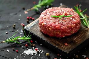 AI generated Burger patty made from raw ground beef on a black background. AI generated. photo