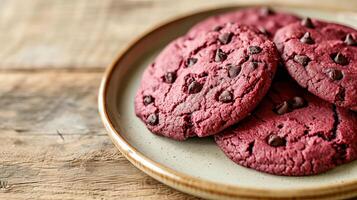 AI generated Vegetarian cookies with beet juice and chocolate chips on a platter on a light wood countertop. AI generated. photo