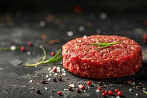 AI generated Burger patty made from raw ground beef on a black background. AI generated. photo