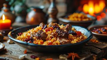 AI generated Azerbaijani pilaf with meat and dried fruits on a serving platter. AI generated. photo