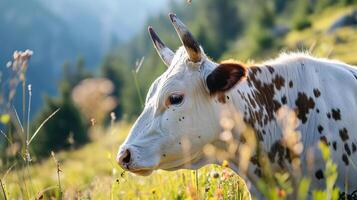 AI generated Cow on a pasture in a mountainous area. AI generated. photo