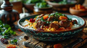 ai generado azerbaiyano pilaf con carne y seco frutas en un servicio plato. ai generado. foto