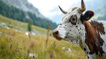 ai generado vaca en un pasto en un montañoso área. ai generado. foto