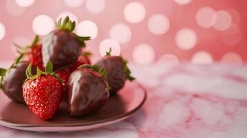 ai generado cubierto de chocolate fresas en un hermosa plato. ai generado. foto