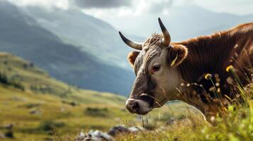 AI generated Cow on a pasture in a mountainous area. AI generated. photo