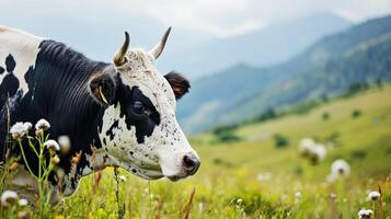 AI generated Cow on a pasture in a mountainous area. AI generated. photo