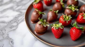 ai generado cubierto de chocolate fresas en un hermosa plato. ai generado. foto