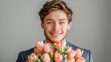 AI generated A young man in a classic suit with a tie holds a bouquet of tulips and smiles. AI generated. photo