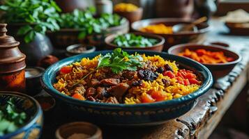 AI generated Azerbaijani pilaf with meat and dried fruits on a serving platter. AI generated. photo