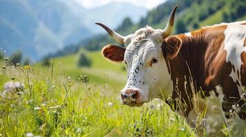 ai generado vaca en un pasto en un montañoso área. ai generado. foto