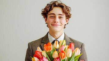 ai generado un joven hombre en un clásico traje con un Corbata sostiene un ramo de flores de tulipanes y sonrisas ai generado. foto