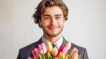 AI generated A young man in a classic suit with a tie holds a bouquet of tulips and smiles. AI generated. photo