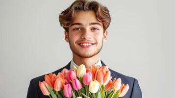 AI generated A young man in a classic suit with a tie holds a bouquet of tulips and smiles. AI generated. photo