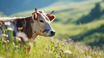 ai generado vaca en un pasto en un montañoso área. ai generado. foto