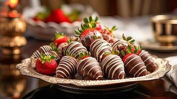 AI generated Chocolate-covered strawberries on a beautiful platter. AI generated. photo