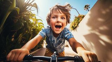 ai generado un dañoso chico montando un bicicleta en un soleado calentar verano día. foto